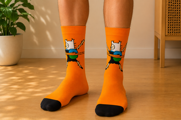 Orange Adventure Time inspired cartoon crew socks with animated character design