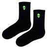 Alien Head Black Socks, featuring a neon green alien face on solid black cotton.