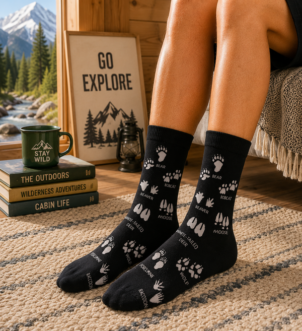 Black crew socks with white animal footprint patterns including bear, wolf, moose, deer, raccoon, and bobcat tracks.