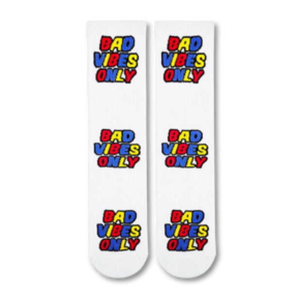 Bad Vibes Only Socks! Featuring playful, comic-style lettering in red, blue, and yellow,
