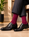 Burgundy bamboo crew socks with an elegant basket weave texture pattern and premium dress sock design.