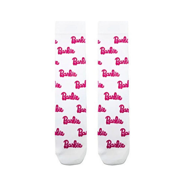 Barbie Logo White Crew Socks. Featuring a bold allover pink Barbie logo print on a clean white base