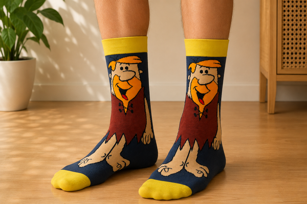 Navy and yellow Barney Rubble cartoon crew socks with classic prehistoric character artwork