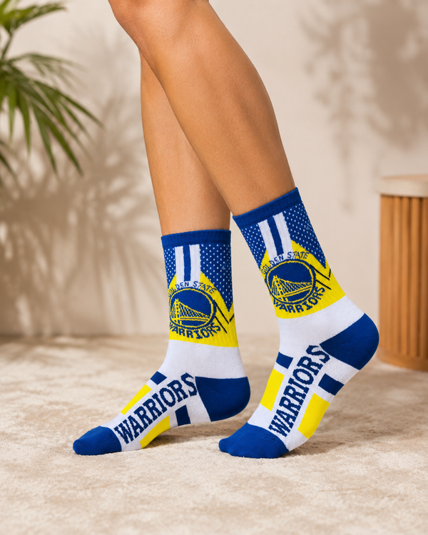 Blue, yellow, and white basketball-themed crew socks featuring a Golden State Warriors-inspired design.
