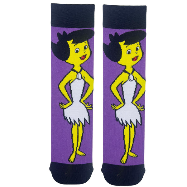 Betty Rubble Cartoon Socks, inspired by the classic Flintstones character. Featuring a bold purple base with Betty in her iconic white dress, these socks bring a nostalgic and playful touch to your style.