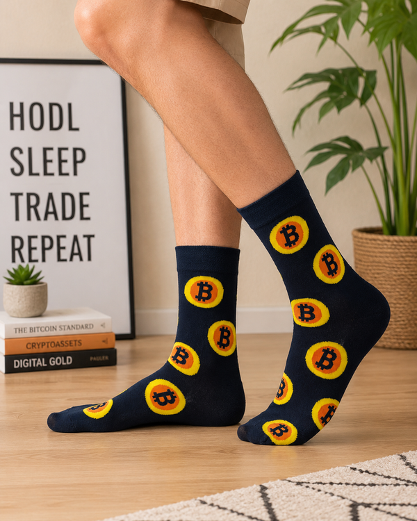 Black crew socks featuring colorful Bitcoin cryptocurrency coin patterns in a fun novelty design