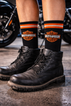 Black long socks with orange cuff stripes and motorcycle-inspired Harley style logo design