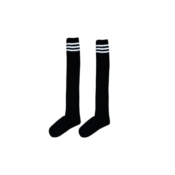 Black Over-the-Knee Socks featuring classic white triple stripes. Unisex and ultra-comfortable, these breathable socks are perfect for streetwear, school uniforms, or athletic-inspired looks.