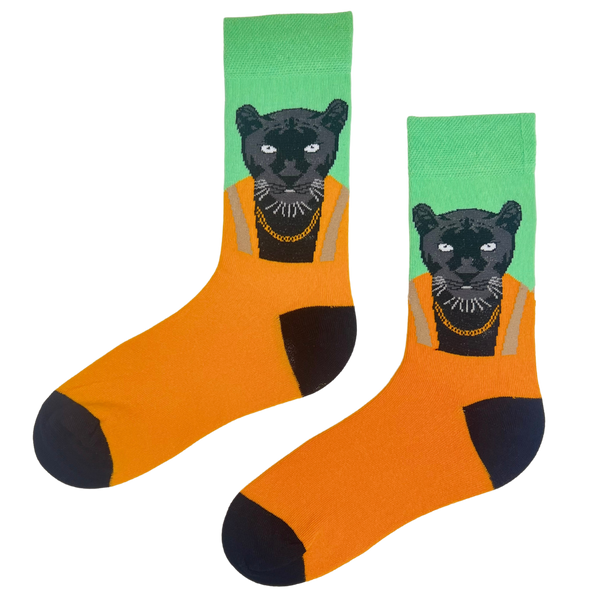 Black Panther Socks, where fierce meets fashionable. Featuring a sleek black panther in a golden chain and jacket,