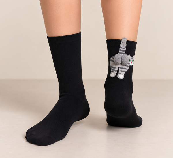 Black crew socks with gray striped cat and 3D pompom detail on the back