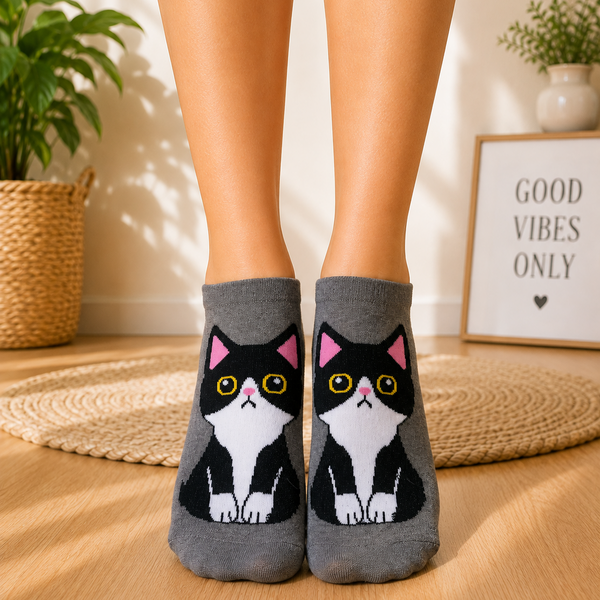 Grey ankle socks featuring a cute black and white tuxedo cat with yellow eyes and pink ears
