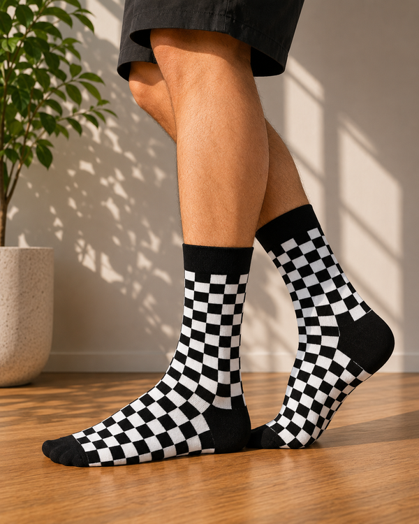 Black and white crew socks featuring a bold racing-inspired checkerboard pattern.