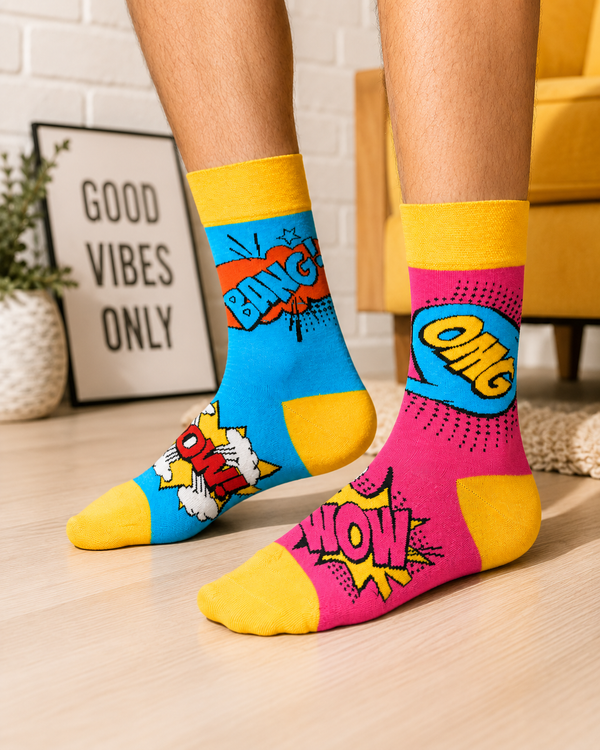 Colorful comic book themed mismatched socks featuring Bang, Pow and Wow pop art graphics in blue, pink and yellow.