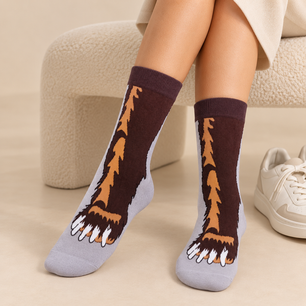 Brown and grey crew socks featuring furry bear legs with detailed paws and white claws