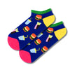 Burger & Soda Ankle Socks bring fast food flair to your daily steps! Featuring bright prints of burgers, fries, and milkshakes on a vibrant blue background