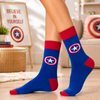 Blue and red Captain America crew socks featuring the iconic shield logo
