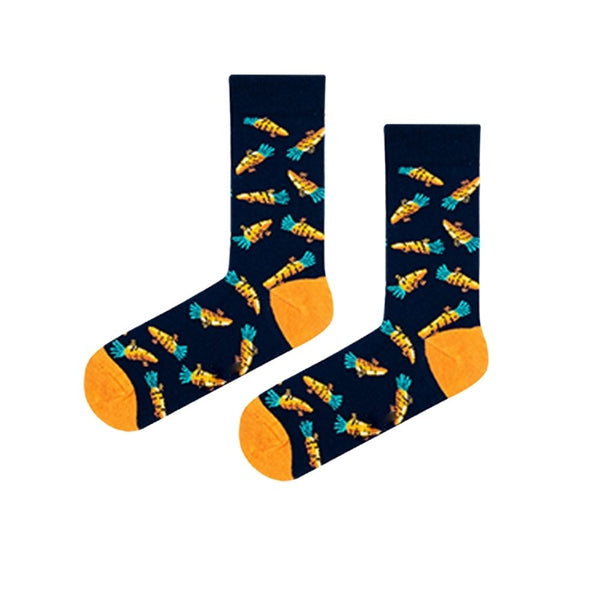 Carrot Patterned Socks! Featuring bright orange carrots on a deep navy base with matching orange toes and heels,