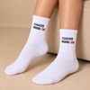 White crew socks with Chaos Mode On text in black and red