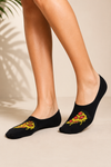 Black ankle no-show socks featuring a cheesy pizza slice design