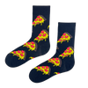 Cheesy Pizza Slice Socks! These black crew socks feature a playful design of melting pepperoni pizza slices that are perfect for foodies