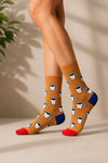 Coffee Cup Pattern Socks with white coffee mugs on a caramel background and red toe accents
