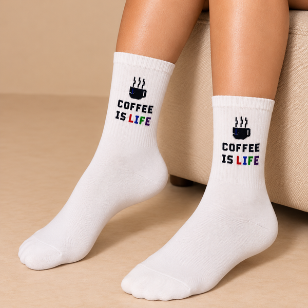 White crew socks with steaming coffee cup and Coffee Is Life text