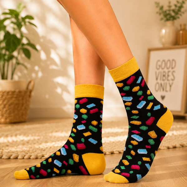 Black crew socks with colorful building block pattern and yellow cuff, heel and toe