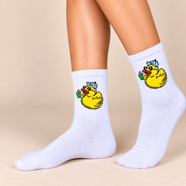 White crew socks with cool yellow duck wearing sunglasses and holding a drink