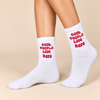 White crew socks with red Cool People Live Here slogan
