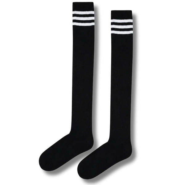 Black Over-the-Knee Socks with White Stripes