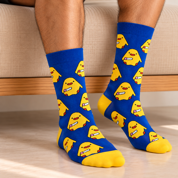 Blue crew socks with repeating yellow Criminal Duck characters and contrasting yellow toe