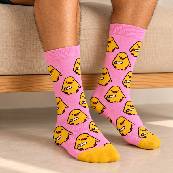 Pink crew socks with repeating yellow Criminal Duck characters and contrasting yellow toe