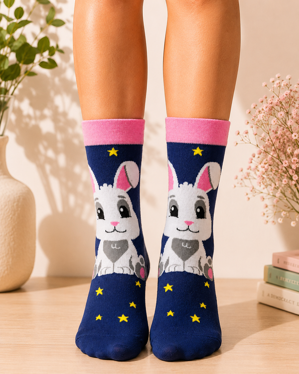 Cute white bunny socks with yellow stars on a navy blue background crew socks