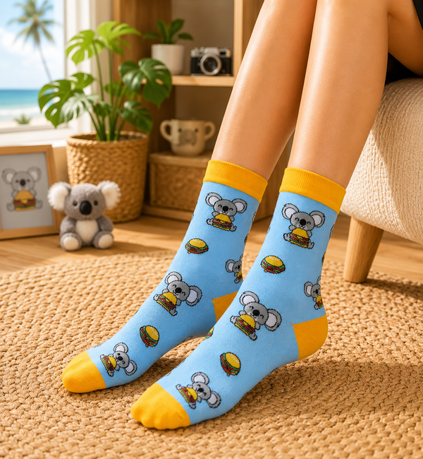 Blue crew socks with cute koala eating burger pattern and yellow cuffs