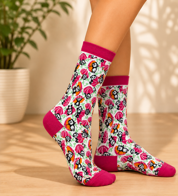 Cute Panda & Pink Umbrella Crew Socks with colorful all-over animal pattern on a white background.