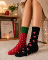 Red and black crew socks featuring cute strawberry patterns and fruit-inspired graphic designs
