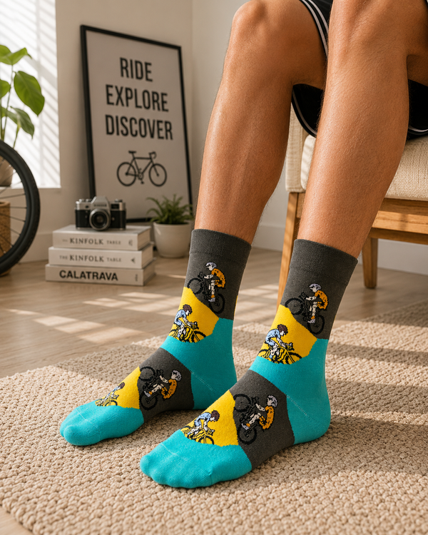Colorful cycling crew socks with bicycle rider pattern and sporty design