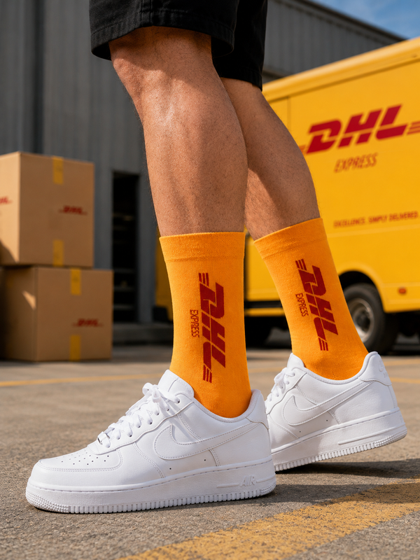 Bright orange crew socks featuring a delivery-inspired graphic design on the leg.