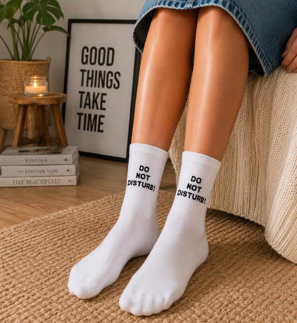 White crew socks with Do Not Disturb text design
