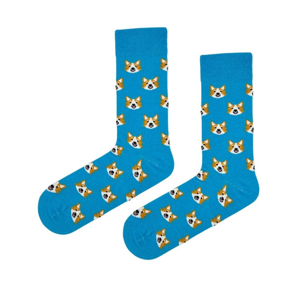 Dog Face Blue Socks in bold blue! Covered in cute corgi faces