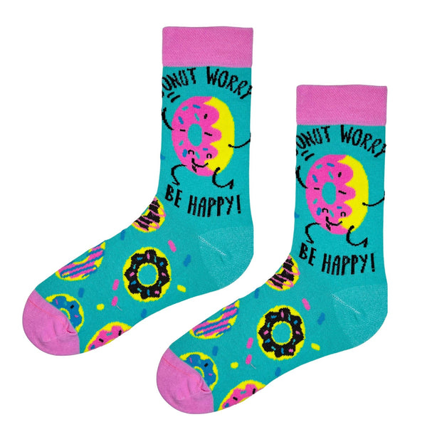 cheerful turquoise socks are sprinkled with fun and frosted with joy—featuring dancing donuts and a bright “Be Happy” message.