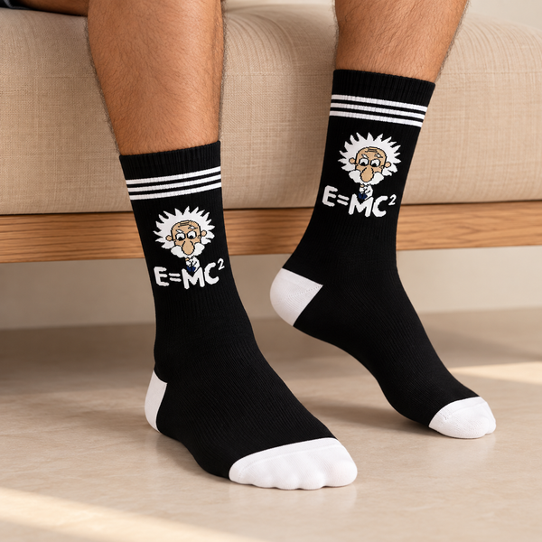 Black crew socks with Einstein character, E=MC² equation, white stripes, toe and heel