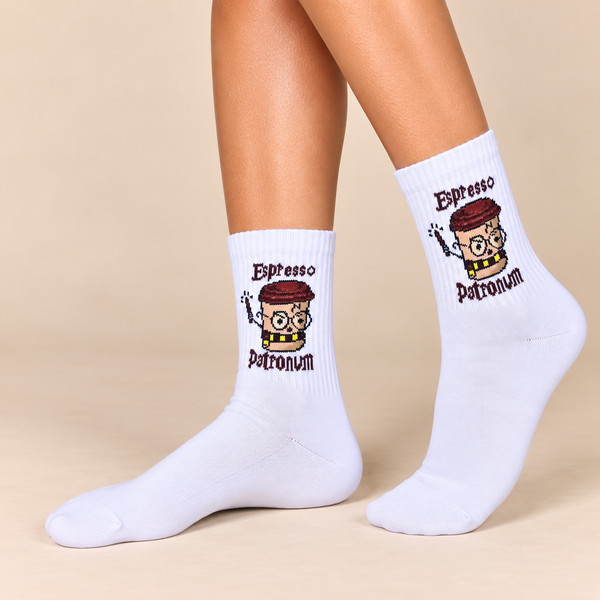 White crew socks with Espresso Patronum wizard coffee cup design