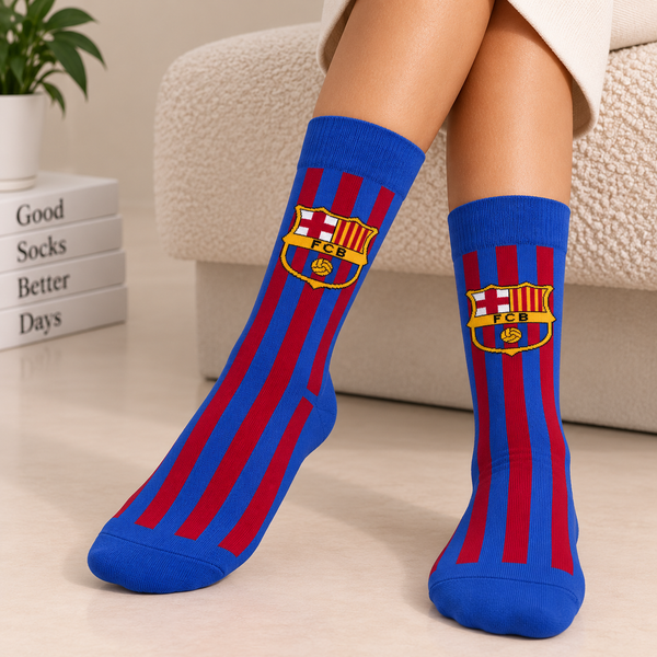 Blue crew socks with red vertical stripes featuring the FC Barcelona crest