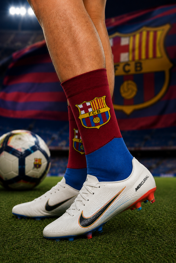 FC Barcelona inspired red and blue crew socks with football club crest design