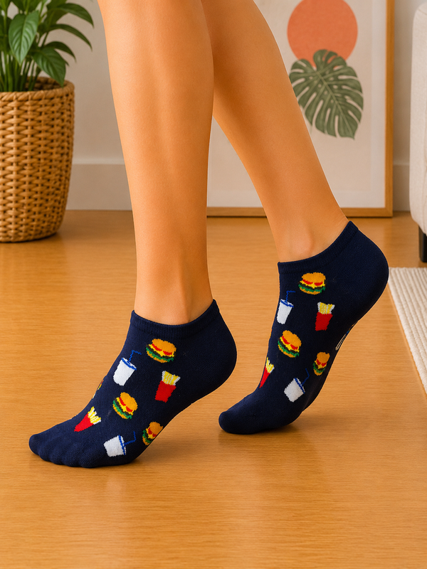 Navy blue ankle socks featuring burger, fries, and soft drink illustrations.