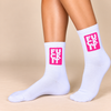 White crew socks with bold pink Fck It statement graphic