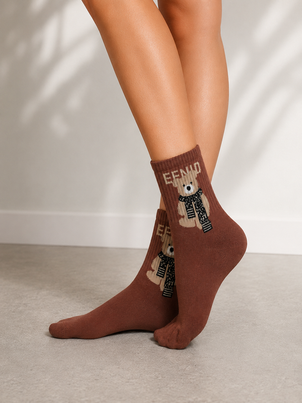 Brown crew socks featuring Fendi text and teddy bear wearing a black patterned scarf
