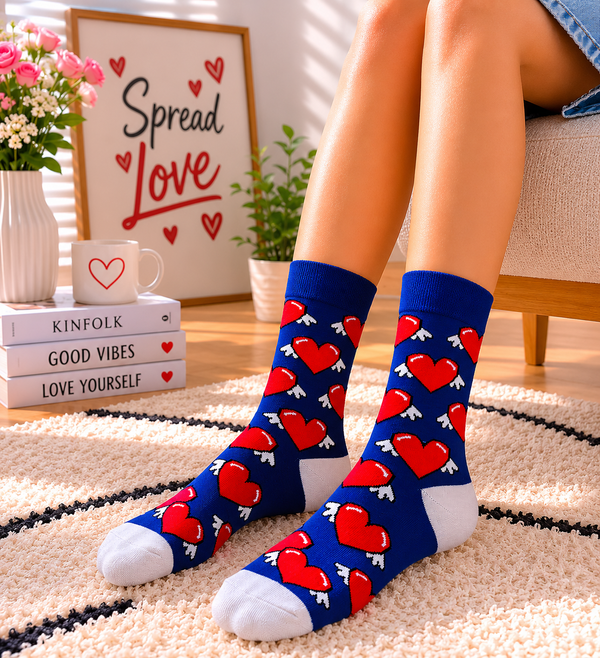 Blue socks with red flying heart pattern and white heel design