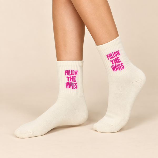 Cream crew socks with pink Follow The Waves